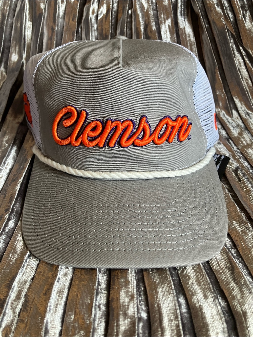 New Era Clemson Script Trucker Hat in Gray and Orange